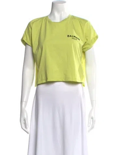 Pre-owned Balmain Graphic Print Crew Neck Crop Top In Green