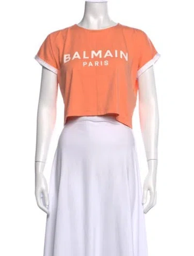Pre-owned Balmain Graphic Print Crew Neck Crop Top In Orange