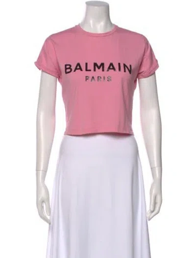 Pre-owned Balmain Graphic Print Crew Neck Crop Top In Pink