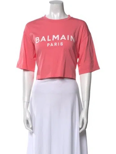 Pre-owned Balmain Graphic Print Crew Neck Crop Top In Pink