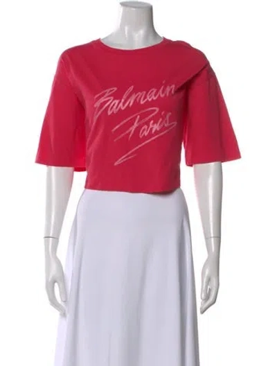 Pre-owned Balmain Graphic Print Crew Neck Crop Top In Pink
