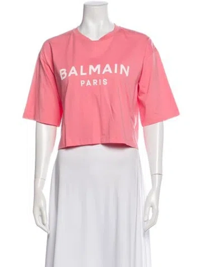 Pre-owned Balmain Graphic Print Crew Neck Crop Top In Pink