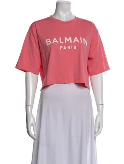 Pre-owned Balmain Graphic Print Crew Neck Crop Top In Pink
