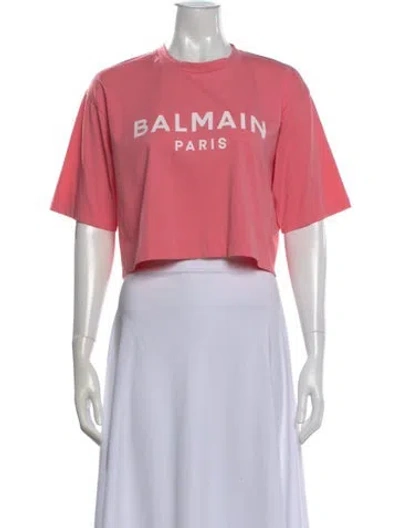 Pre-owned Balmain Graphic Print Crew Neck Crop Top In Pink