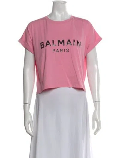 Pre-owned Balmain Graphic Print Crew Neck Crop Top W/ Tags In Pink