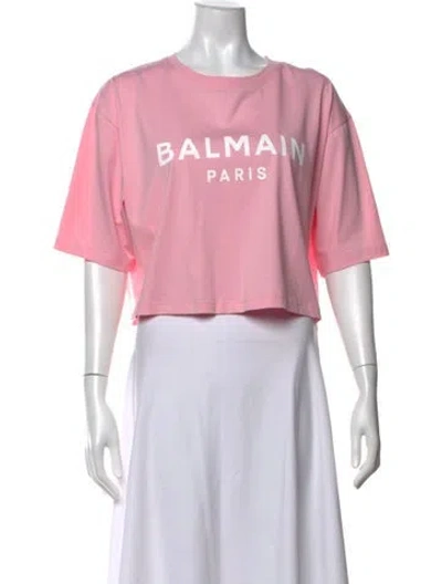 Pre-owned Balmain Graphic Print Crew Neck Crop Top W/ Tags In Pink