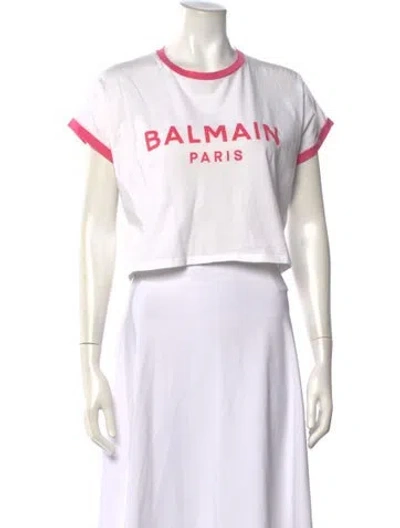 Pre-owned Balmain Graphic Print Crew Neck Crop Top In White