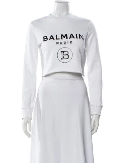 Pre-owned Balmain Graphic Print Crew Neck Crop Top In White