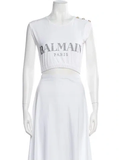 Pre-owned Balmain Graphic Print Crew Neck Crop Top In White