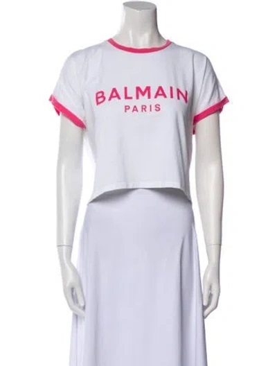 Pre-owned Balmain Graphic Print Crew Neck Crop Top In White