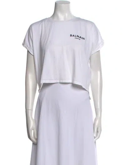 Pre-owned Balmain Graphic Print Crew Neck Crop Top In White