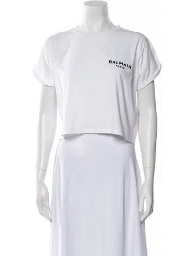 Pre-owned Balmain Graphic Print Crew Neck Crop Top In White