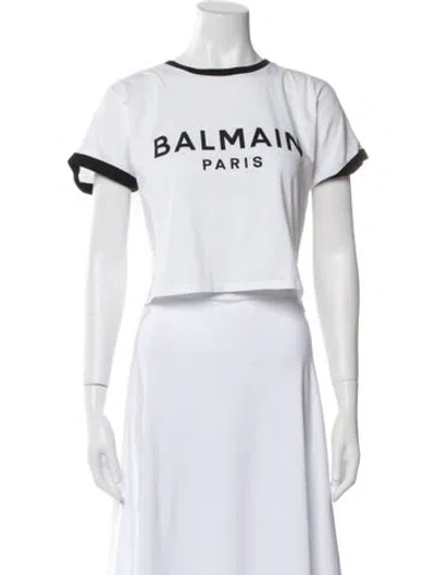 Pre-owned Balmain Graphic Print Crew Neck Crop Top In White