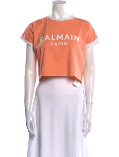 Pre-owned Balmain Graphic Print Crew Neck Crop Top In White