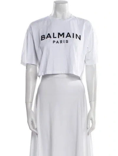 Pre-owned Balmain Graphic Print Crew Neck Crop Top In White
