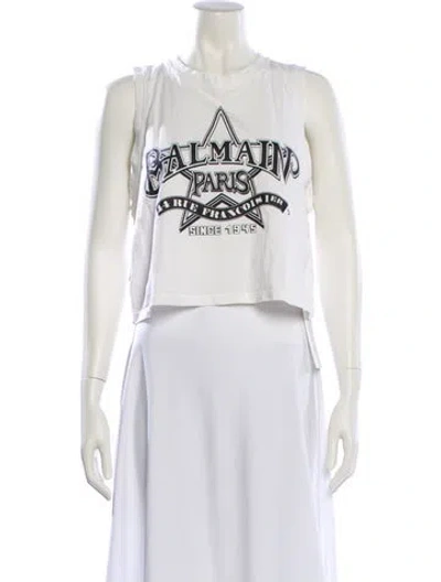 Pre-owned Balmain Graphic Print Crew Neck Crop Top In White