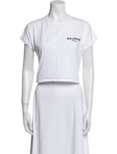 Pre-owned Balmain Graphic Print Crew Neck Crop Top In White