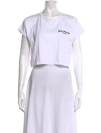 Pre-owned Balmain Graphic Print Crew Neck Crop Top In White