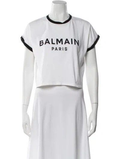 Pre-owned Balmain Graphic Print Crew Neck Crop Top In White