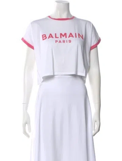 Pre-owned Balmain Graphic Print Crew Neck Crop Top In White