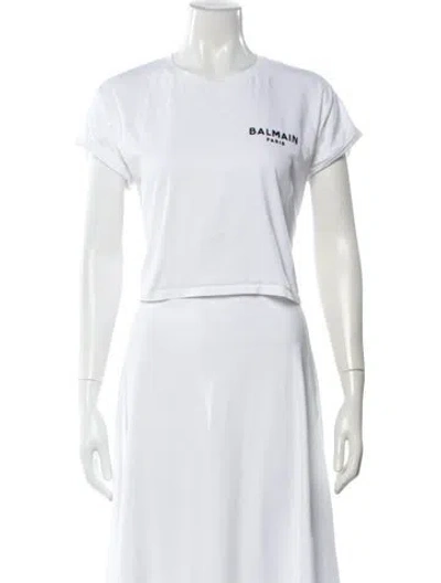 Pre-owned Balmain Graphic Print Crew Neck Crop Top In White