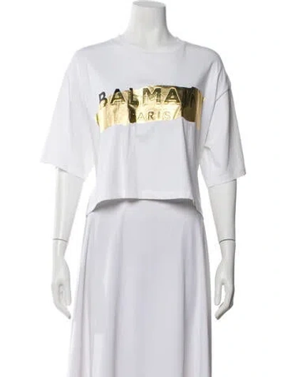 Pre-owned Balmain Graphic Print Crew Neck Crop Top In White