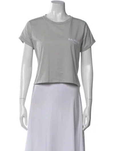 Pre-owned Balmain Graphic Print Crew Neck Crop Top In White
