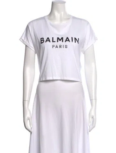 Pre-owned Balmain Graphic Print Crew Neck Crop Top In White