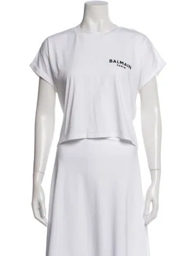 Pre-owned Balmain Graphic Print Crew Neck Crop Top In White