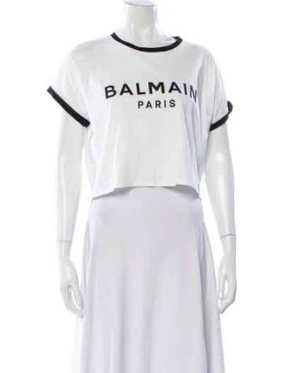 Pre-owned Balmain Graphic Print Crew Neck Crop Top In White
