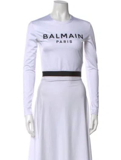 Pre-owned Balmain Graphic Print Crew Neck Crop Top In White