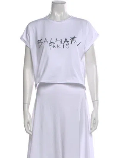 Pre-owned Balmain Graphic Print Crew Neck Crop Top In White