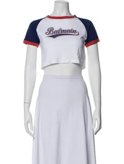 Pre-owned Balmain Graphic Print Crew Neck Crop Top In White