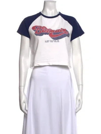 Pre-owned Balmain Graphic Print Crew Neck Crop Top In White