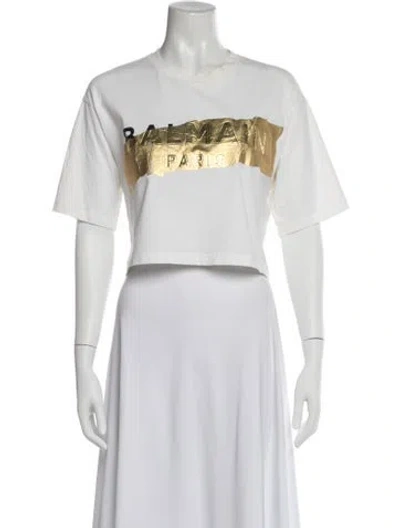 Pre-owned Balmain Graphic Print Crew Neck Crop Top In White