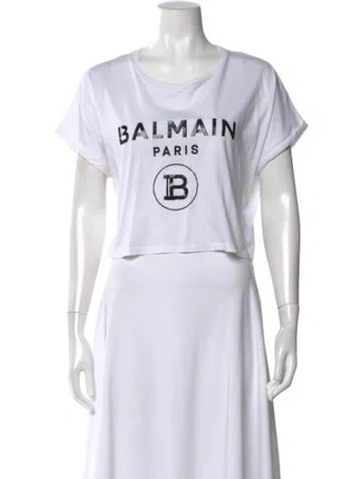 Pre-owned Balmain Graphic Print Crew Neck Crop Top In White