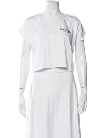 Pre-owned Balmain Graphic Print Crew Neck Crop Top In White