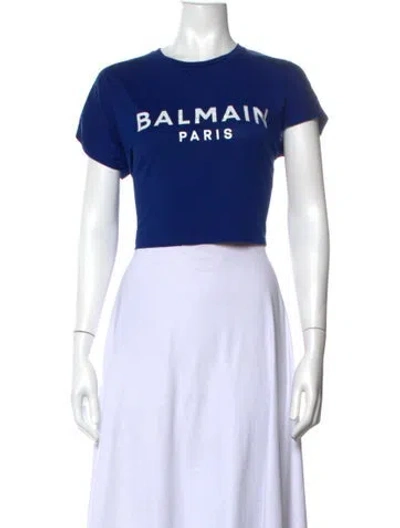 Pre-owned Balmain Graphic Print Crew Neck Crop Top In White