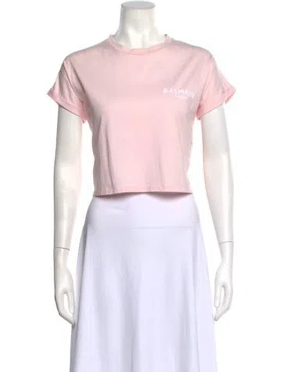 Pre-owned Balmain Graphic Print Crew Neck Crop Top In White
