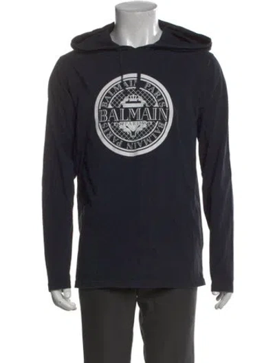 Pre-owned Balmain Graphic Print Crew Neck Henley In Blue