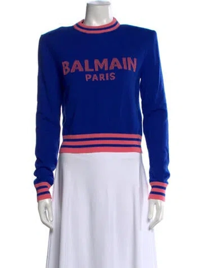 Pre-owned Balmain Graphic Print Crew Neck Sweater In Blue