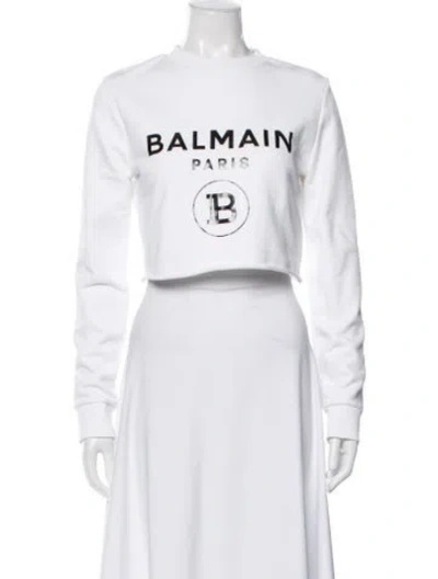 Pre-owned Balmain Graphic Print Crew Neck Sweater In White