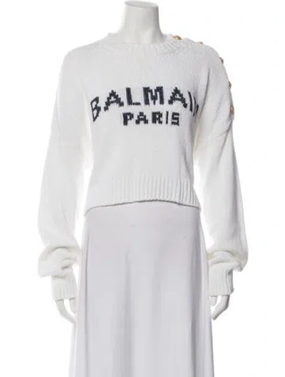 Pre-owned Balmain Graphic Print Crew Neck Sweater In White