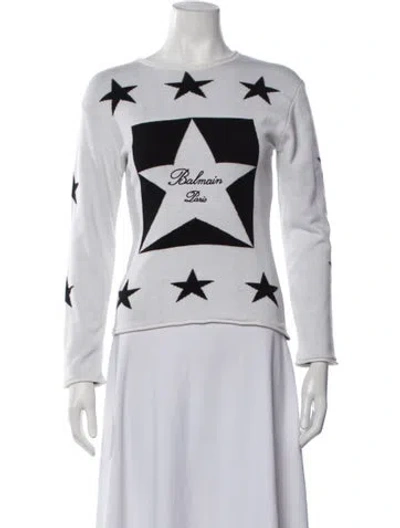 Pre-owned Balmain Graphic Print Crew Neck Sweater In White
