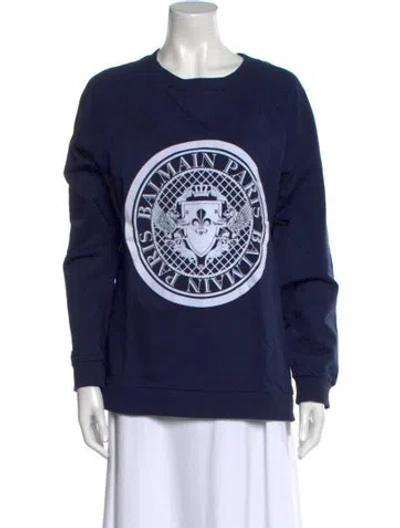 Pre-owned Balmain Graphic Print Crew Neck Sweatshirt In Blue
