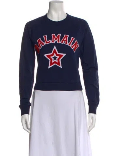 Pre-owned Balmain Graphic Print Crew Neck Sweatshirt In Blue