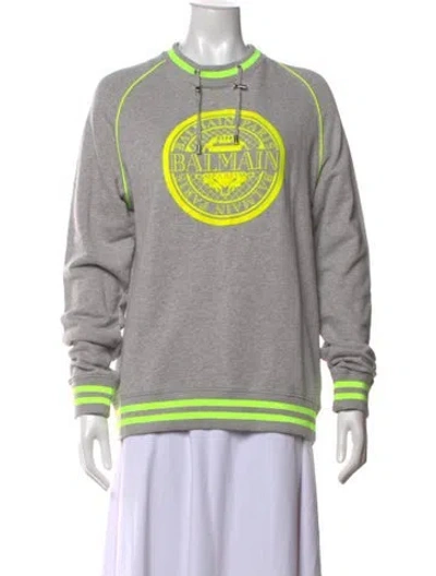 Pre-owned Balmain Graphic Print Crew Neck Sweatshirt In Grey