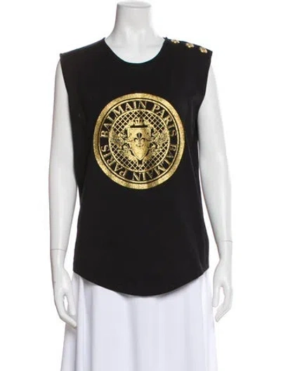 Pre-owned Balmain Graphic Print Crew Neck Top In Black