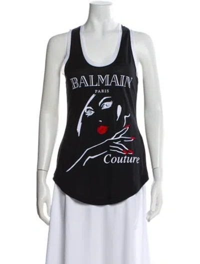 Pre-owned Balmain Graphic Print Crew Neck Top In Black