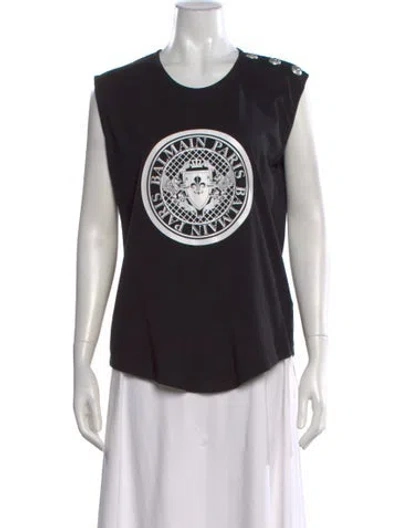 Pre-owned Balmain Graphic Print Crew Neck Top In Black